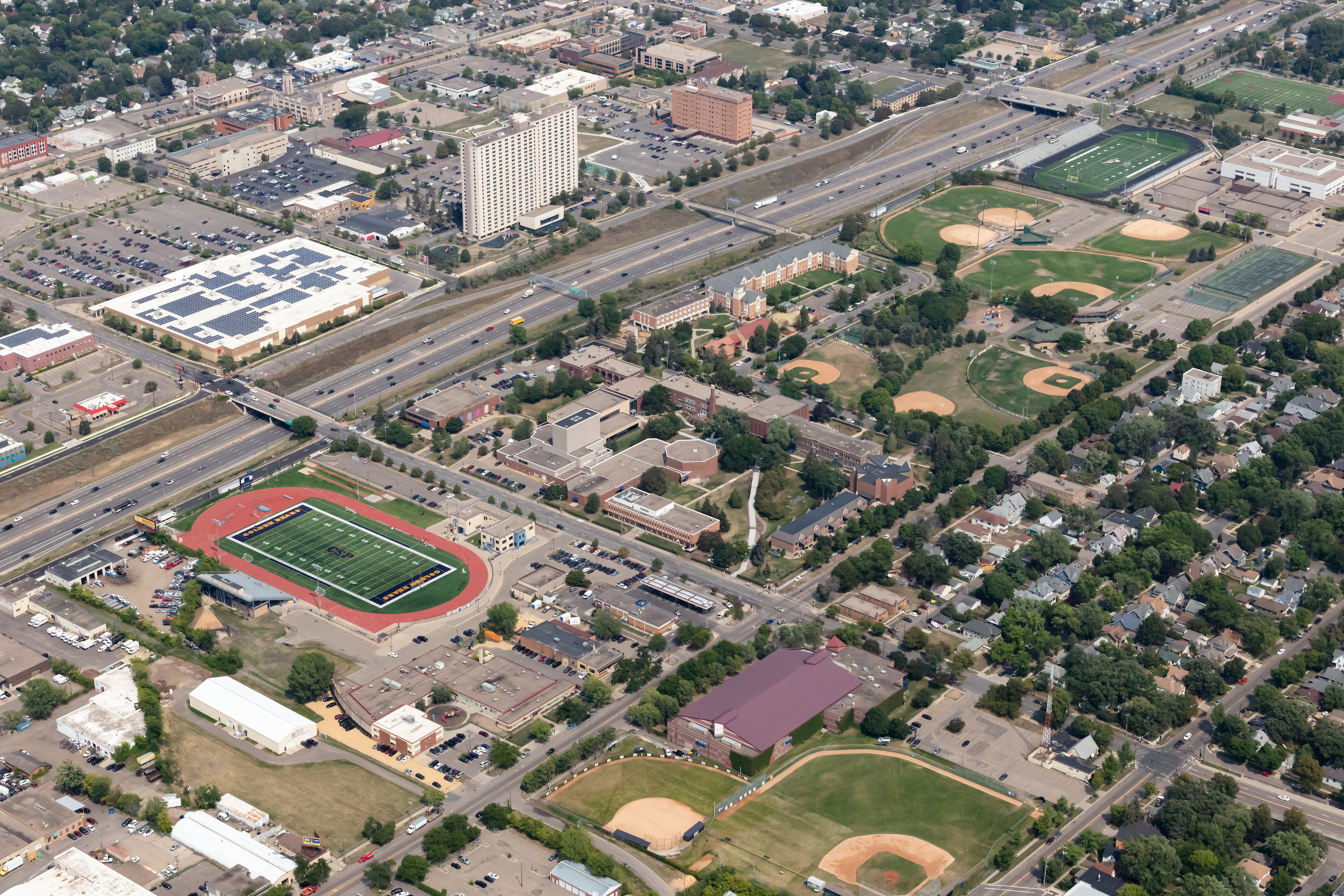 Aerial photo from a drone of CSP Global's St. Paul campus and the surrounding areas.