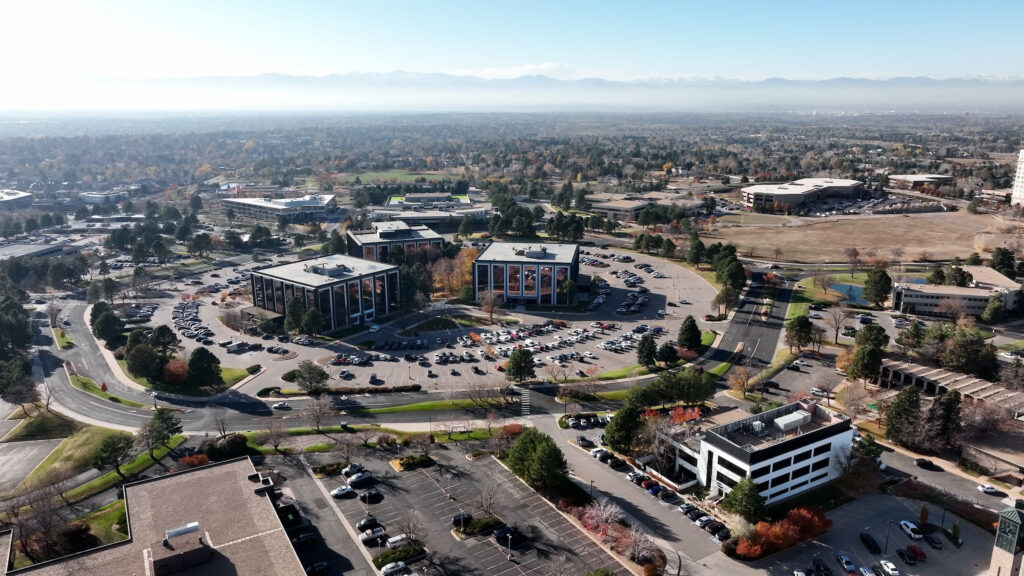 Aerial view from a drone of CSP Global's Denver campus.